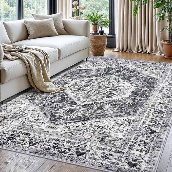 KOZYFLY Boho Area Rug 5x7 Ft Thin Rugs for Living Room Washable Bedroom Rug Non Slip Rugs for Living Room Printed Faux Wool Bedroom Rug Floor Carpet for Dining Room, Grey
