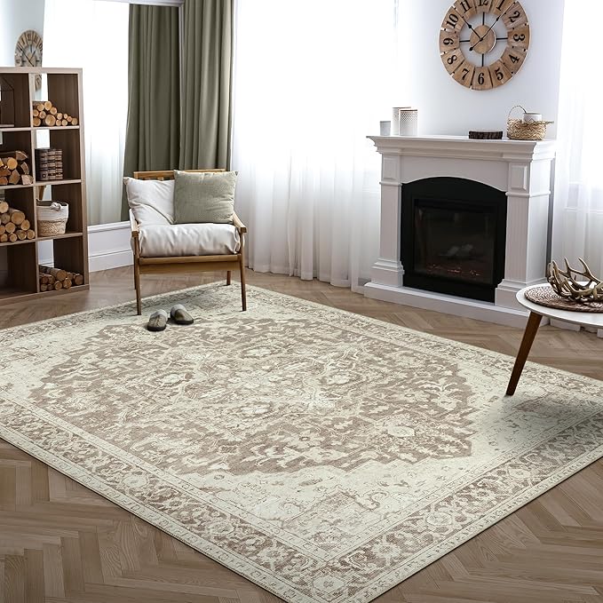 Bloom Rugs Washable Non-Slip 9' x 12' Rug - Light Brown Traditional Medallion Area Rug for Living Room, Bedroom, Dining Room, and Kitchen - Exact Size: 9' x 12'