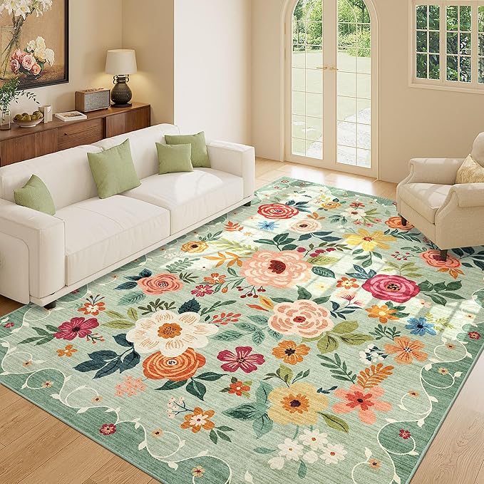 DUKINO 6x9 Area Rug, Floral Rugs for Living Room, Lightweight Non Slip Washable Rug, Indoor Low Pile & Non-Shedding Boho Design Rugs for Bedroom, Living Room, Dining Room, Green