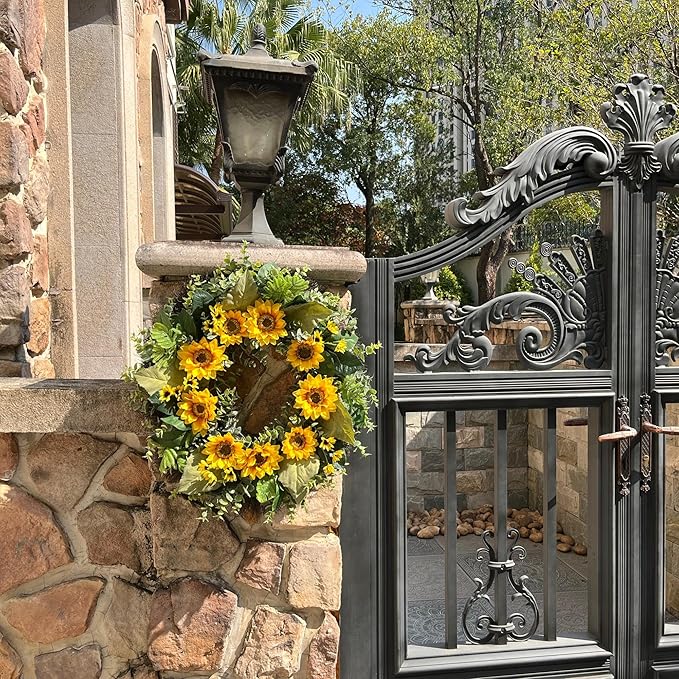 24 Inch Sunflower Wreath for Front Door – Artificial Spring Summer Wreath with Greenery, Ferns & Boxwood Leaves – Bright Yellow Floral Farmhouse Door Decor for Home Porch Wall Indoor Outdoor