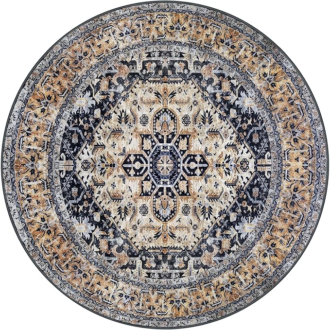 KOZYFLY Boho Round Rug 5 Ft Rugs for Entryway Washable Circle Rug Non Slip Doormat Gold Navy Printed Faux Wool Vintage Round Entryway Rug Floor Carpet Round for Entrance, Bedroom