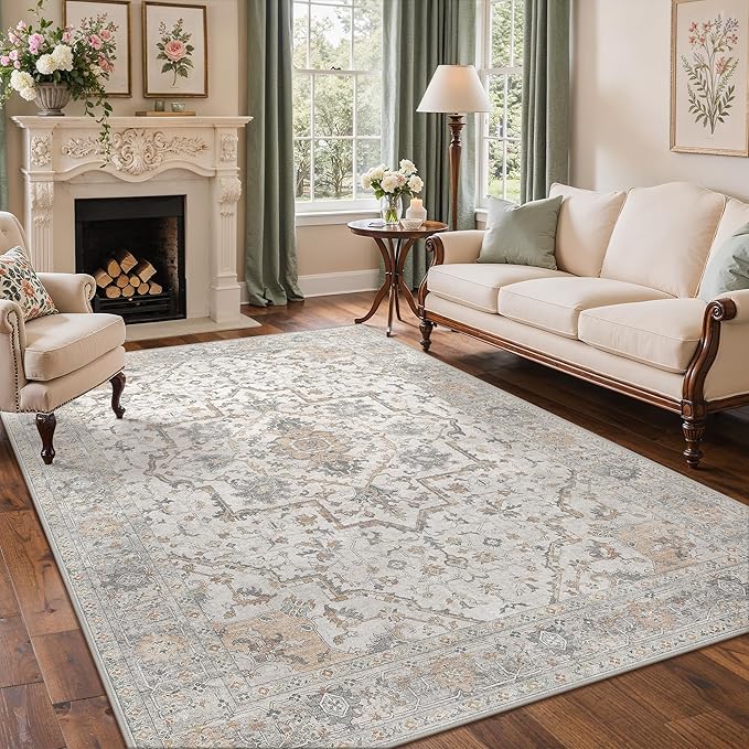 GENIMO 6x9 Area Rugs for Living Room, Machine Washable Non Slip Vintage Rugs, Low Pile Lightweight Chenille Print Rug for Bedroom, Dining Room, Home Office