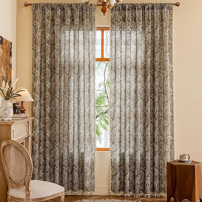 OYX Floral Curtains 63 Inch Length 2Panels for Living Room, Bedroom Light Filtering Drapes, Farmhouse Vintage Country French Tassels for Boho Pattern Rod Pocket Aesthetic Home Decor Window Treatments