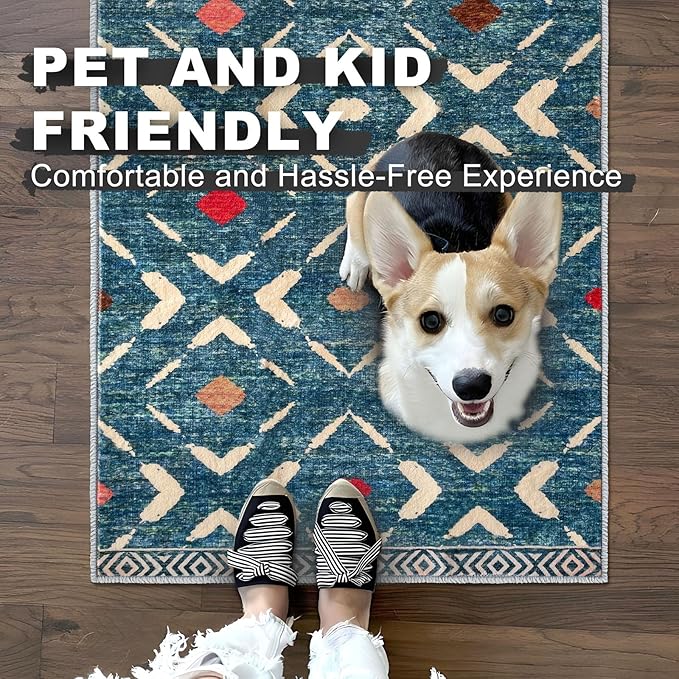 KILOCOCO Hallway Runner Rug 2.6'x10' Runners for Hallways Washable Runner Soft Non Slip Printed Geometric Low-Pile Rugs Runners for Bedroom Kitchen Living Room Boho Rugs, Teal/Blue