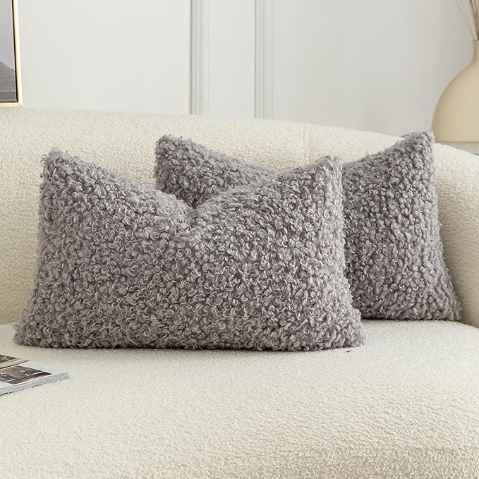Pack of 2 Curly Teddy Wool Faux Fur Throw Pillow Covers Fuzzy Accent Soft Sherpa Pillowcases Sheepskin Fleece Decorative Cushion Case for Sofa Couch Living Room 12x20 Inch Light Grey