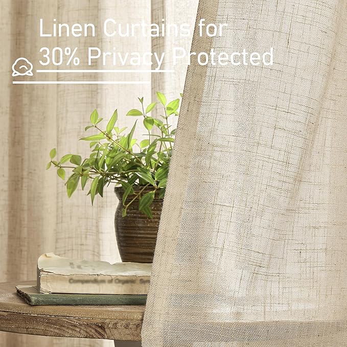 LAMIT Linen Blended Curtains for Bedroom, Faux Linen Textured Light Filtering Drapes Back Tab and Rod Pocket Boho Burlap Panels for Farmhouse/Living Room, 2 Panels, 52 x 72 Inch, Brown
