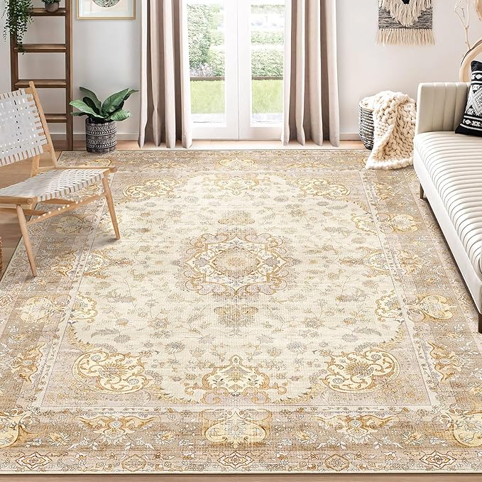 8'x10' Area Rugs Washable,Boho Rug for Living Room Bedroom Dining Room,Large Vintage Bohemian Distressed Oriental Carpet Non Slip,Beige Gold Floral