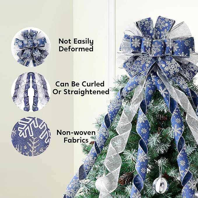 JOIEDOMI 45 Inch Christmas Tree Topper Wreath Bow, Blue and Silver Ribbon Ornaments with Snowflakes and Glitter, Large Gift Decor for Xmas Holiday Themed Decoration Home Parties Wedding