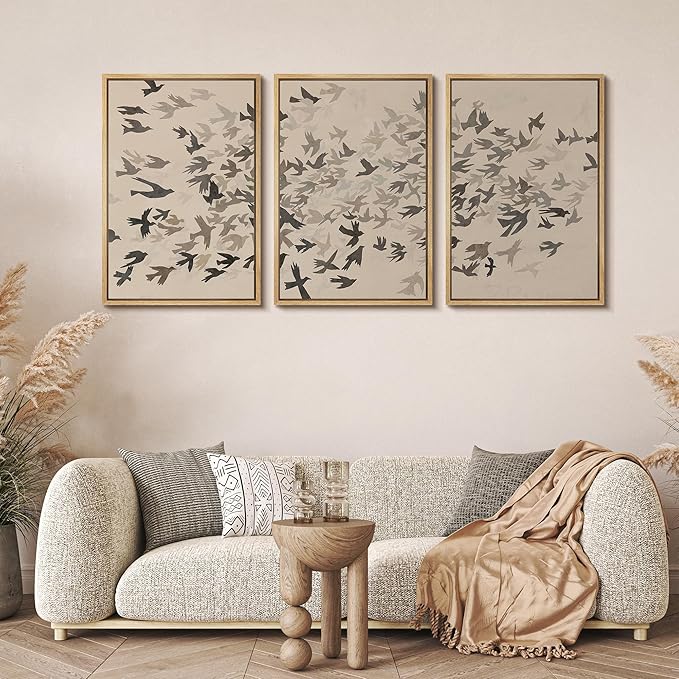 MUDECOR Framed Wall Art Print Set Minimalist Subtle Birds in Motion Illustrations Modern Art Boho Decorative Colorful Chic for Living Room, Bedroom, Office - 16"x24"x3 Natural