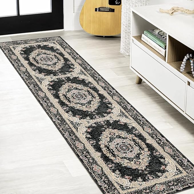 Washable Runner Rug 2x8,Black Rug Runners Non Slip,Long Boho Rugs for Hallways Kitchen Bedroom Entryway Living Room Bathroom,Vintage Bohemian Distressed Floor Carpet,Floral