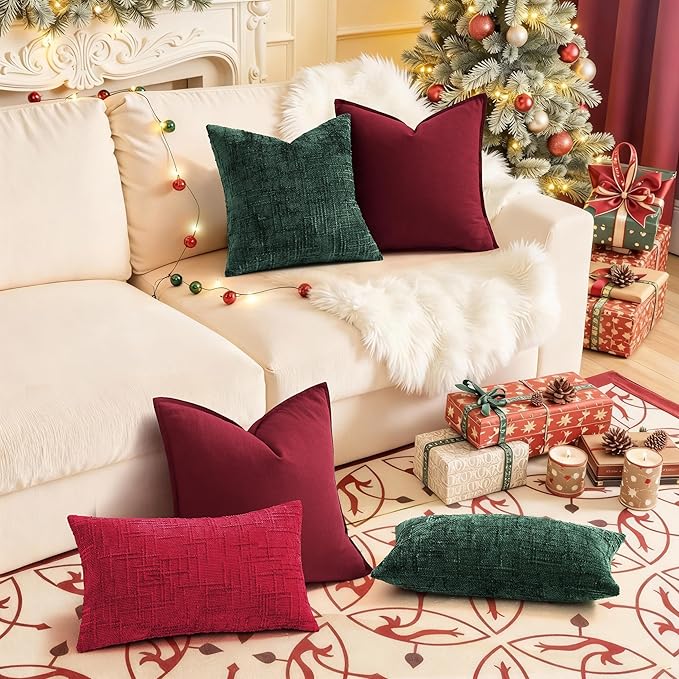 decorUhome Christmas Green Chenille Throw Pillow Covers 22x22 Set of 2 Thick Textured Slubby Couch Pillow Covers Farmhouse Accent Modern Neutral Decorative Pillow Cases for Bed Sofa Living Room
