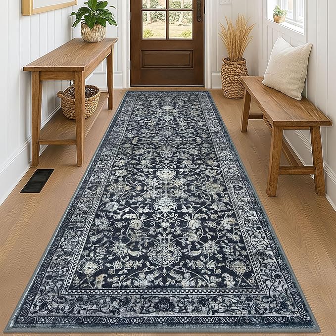 KILOCOCO Hallway Runner 3x8 Rug Runner Printed Vintage Floral Washable Kitchen Runners Non-slip Rubber Backed Runners for Hallways Laundry Room Distressed Boho Rugs for Entryway Bedroom, Navy/Charcoal