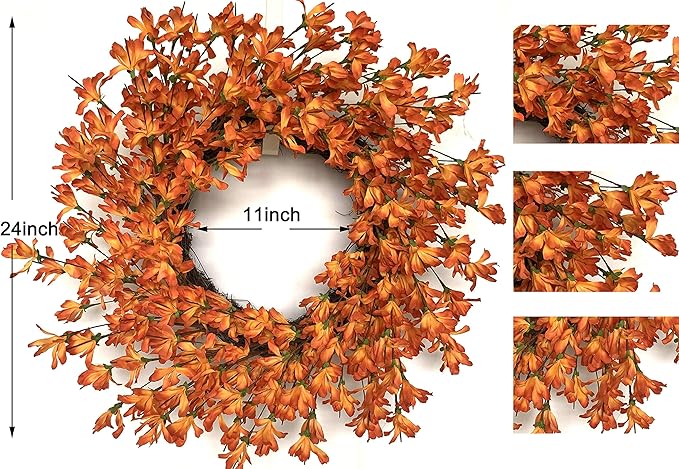 Orange Forsythia Door Wreath 24 Inch Spring Front Door Wreath Blossom Cluster Flower Farmhouse Wreath on Grapevine for Thanksgiving Festival Celebration Front Door Wall Window Decoration Home Decor