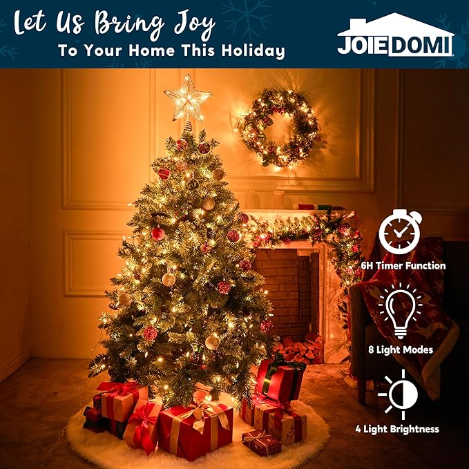 Joiedomi 9.5" Golden Christmas Star Tree Topper Radial Design, Metal Treetop Decorations with 20 LED Warm White, USB Powered Remote Control for Home Holiday Xmas Party Indoor Decor