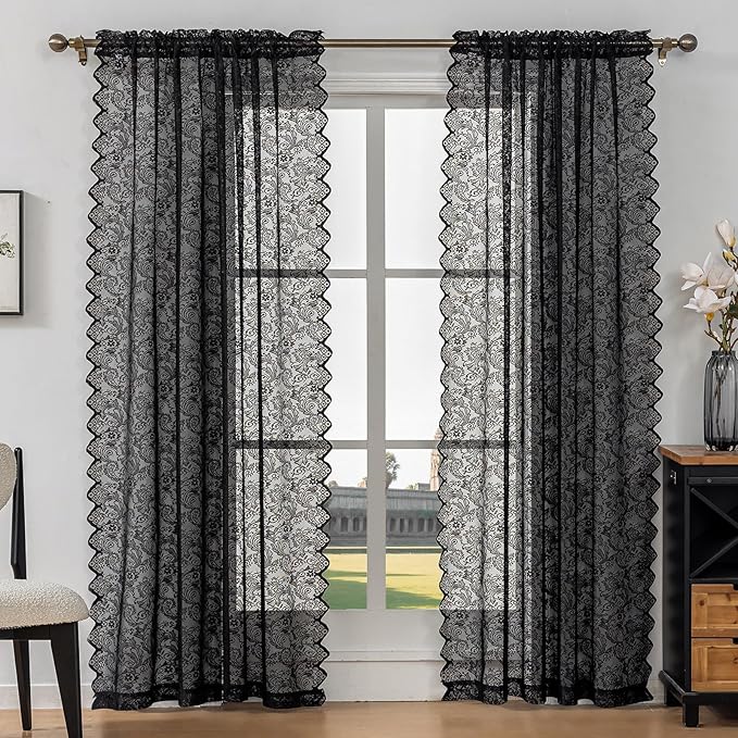 Black Lace Sheer Curtains – Vintage Floral Lace for Bedroom/Living Room, Halloween Curtains Gothic Privacy Light Filtering Rod Pocket Window Drapes, 52W x 96L Inch, 2-Panel Set