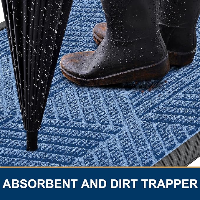 Smiry Front Door Mat Outside Entrance, Heavy Duty Sturdy Natural Rubber Doormat, Trap Dirt and Moisture, Easy Clean Low Profile Welcome Floor Mats for Indoor Outdoor Entry, 59x34 Inch, Blue