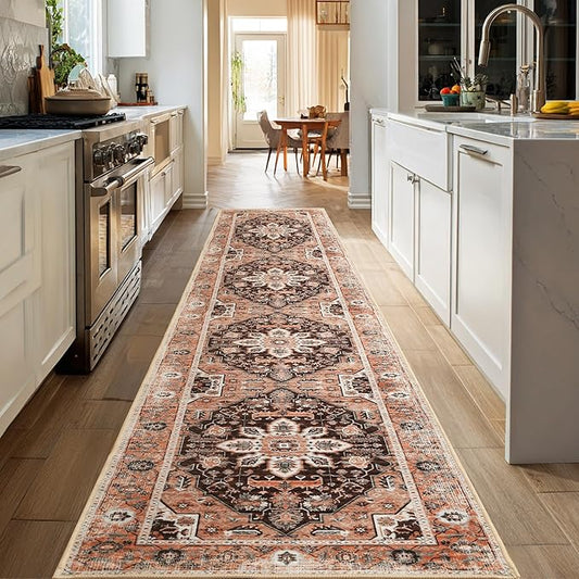 XWZO Runner Rug 2x10ft for Long Hallways, Washable Non-Slip Low Pile Area Rug with Rubber Backing, Spill Resistant Soft Vintage Floor Carpet for Kitchen Entryway Stair Landing Living Room, Brick Red