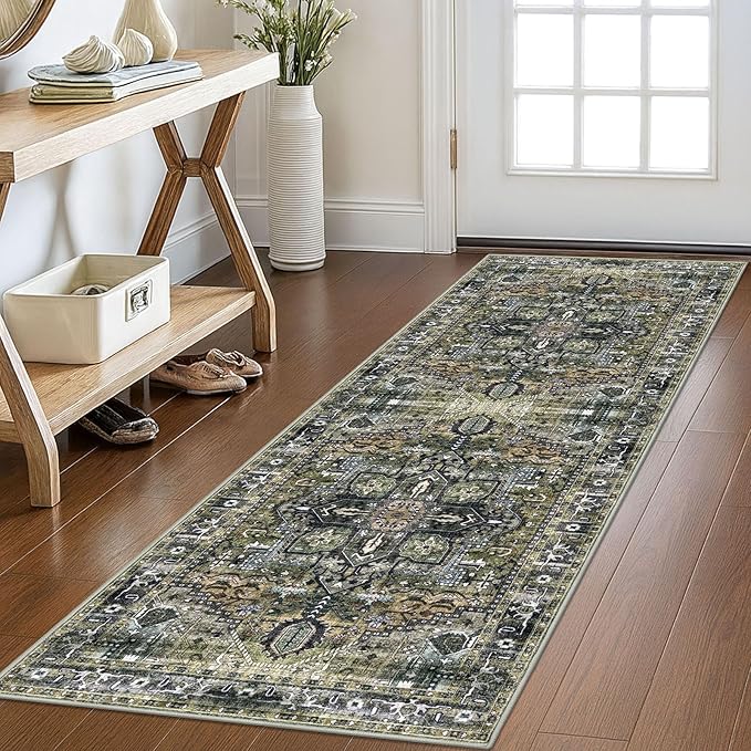 KOZYFLY Runners for Hallways 2x6 Ft Washable Kitchen Runner Rug Boho Runner Rug for Entryway Indoor Printed Oriental Faux Wool Floor Carpet Runner for Bedroom Kitchen Hall, Charcoal/Green/Olive