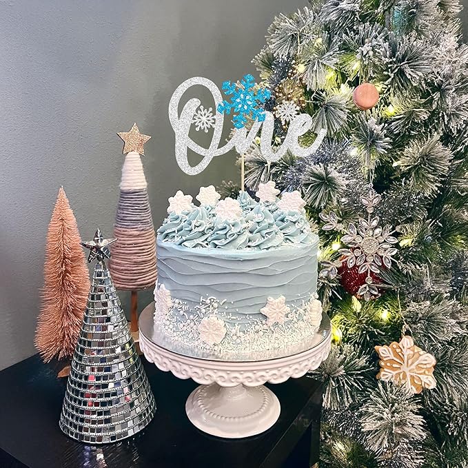 Gyufise 1 Pack Snowflake One Cake Topper Blue Silver Glitter Winter Onederland 1st Birthday Boy Decorations for Winter Xmas Holiday Party Decoration Supplies