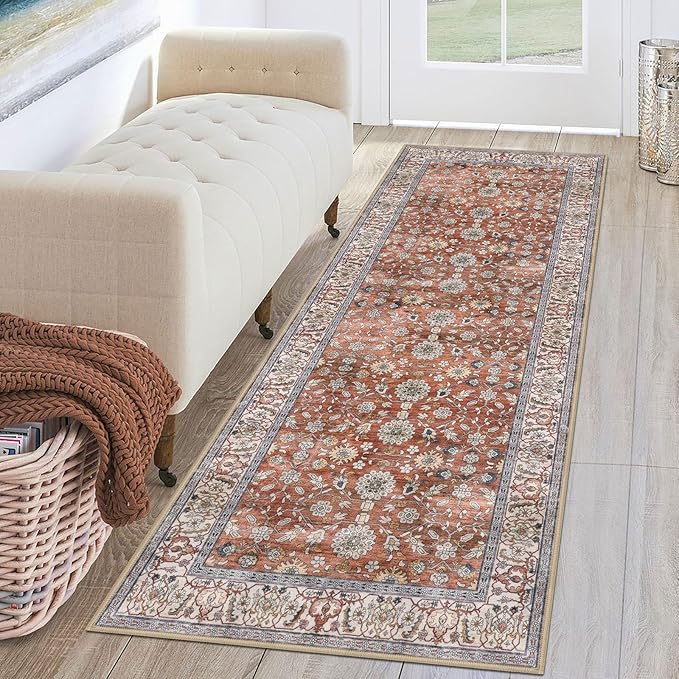 KUTA Runners for Hallways 2x6, Vintage Floral Rug Non-Slip Washable Kitchen Rugs Terracotta Ultra Thin Soft Printed Retro Distressed Flower Carpet Entryway Rugs for Bedroom Laundry Nursery