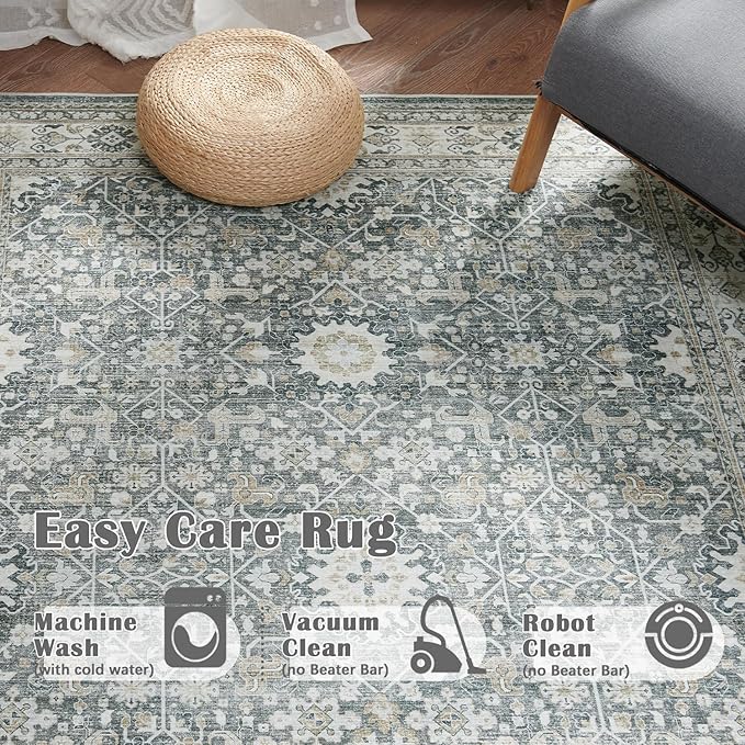jinchan Area Rug 5x7 Washable Living Room Rug Vintage Distressed Gray Multi Floral Floor Cover Indoor Mat Retro Carpet Bedroom Kitchen Office Farmhouse Grey