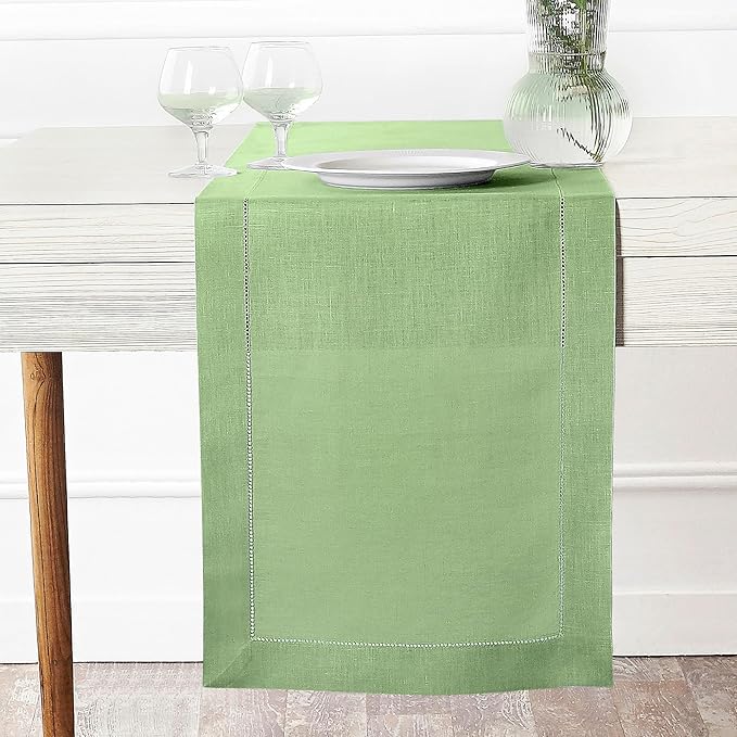 D'Moksha Homes Linen Sage Green Table Runner 72 Inches Long - 100% Pure Linen Hemstitch Table Runner 14 x 72 Inch for Dresser, Dining, Spring, St Patricks Day, Easter - Classic Hemstitch