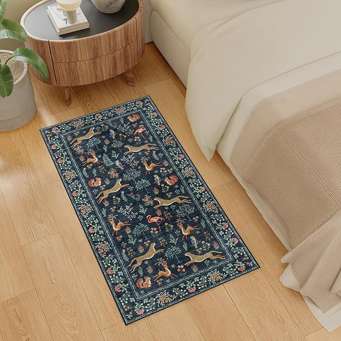 DUKINO 2x4 Rug for Hallway, Washable Kitchen Runner Rug with Non Slip Backing, Soft Low Pile Vintage Animal Runner for Bedroom, Kitchen, Hallway, Entryway, Laundry, Navy Blue