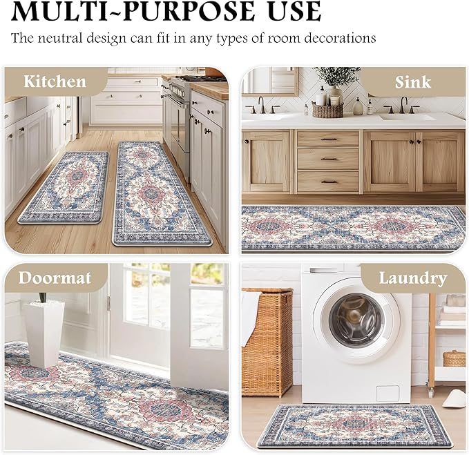 Boho Kitchen Mats for Floor 2 Piece Set Anti Fatigue Cushioned PVC Kitchen Rugs Non Slip Waterproof Farmhouse Mats 2/5 Inch Comfort Standing Mat for Sink, Laundry, 17.3"x59"+17.3"x28", Retro Blue