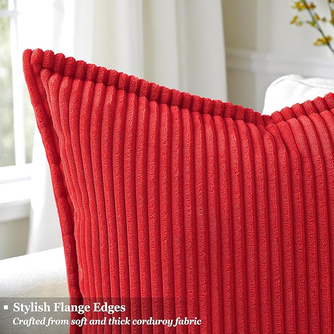 decorUhome Christmas Corduroy Red Throw Pillow Covers 12x20 Set of 2 Decorative Soft Boho Farmhouse Lumbar Euro Couch Pillow Covers for Living Room Bed Sofa Broadside Striped Pillow Cases