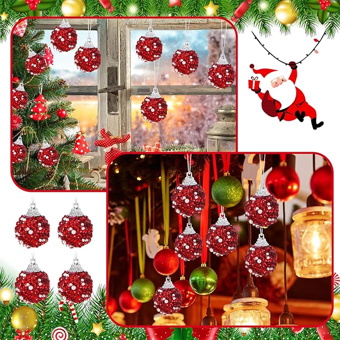 Liliful 48 Pcs 1.18 Inch Mini Christmas Ball Ornaments Christmas Tree Ornament Glitter Sequin Foam Ball Ornaments Xmas Hanging Decoration for New Year Holiday Wedding(Red)