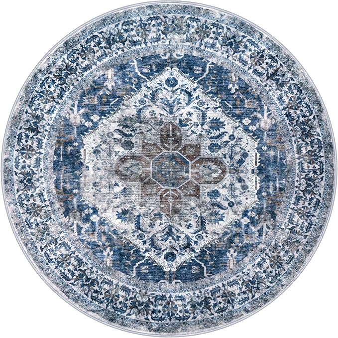 KOZYFLY Round Rug 5 Ft Rugs for Entryway Washable Circle Entrance Rug Non Slip Round Doormat Indoor Printed Faux Wool Round Front Door Mat Floor Carpet for Backdoor, Entryway, Bedroom, Blue