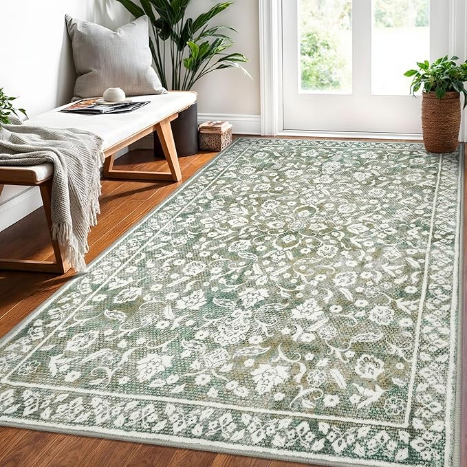 Vintage 4x6 Area Rug, Sage Green Beige Entryway Rug Non-Slip, Washable Living Room Rug Thin Printed Faux Wool Floor Super Soft Carpet Throw Rugs for Bedroom Dining Room Indoor Office