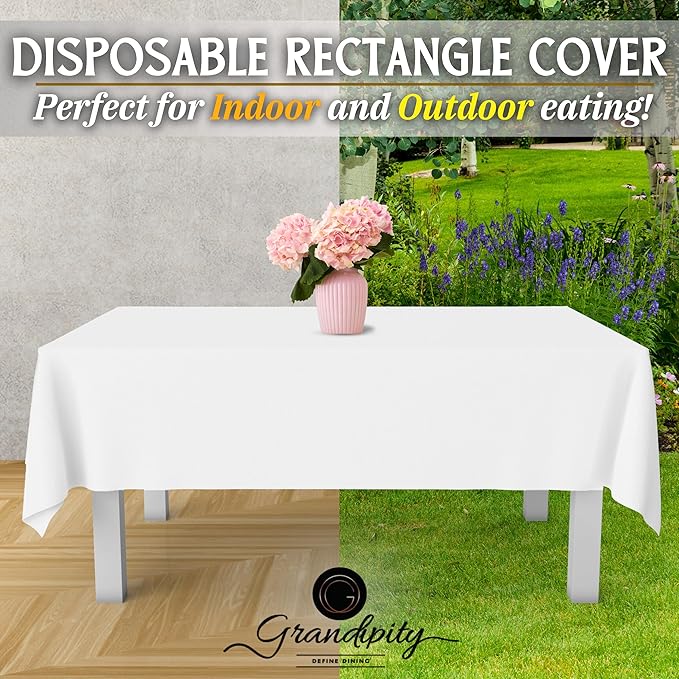 Grandipity 12 Pack Premium Disposable Plastic Tablecloth 54 Inch. x 108 Inch. with 0.3mm Thickness Table Cover - White