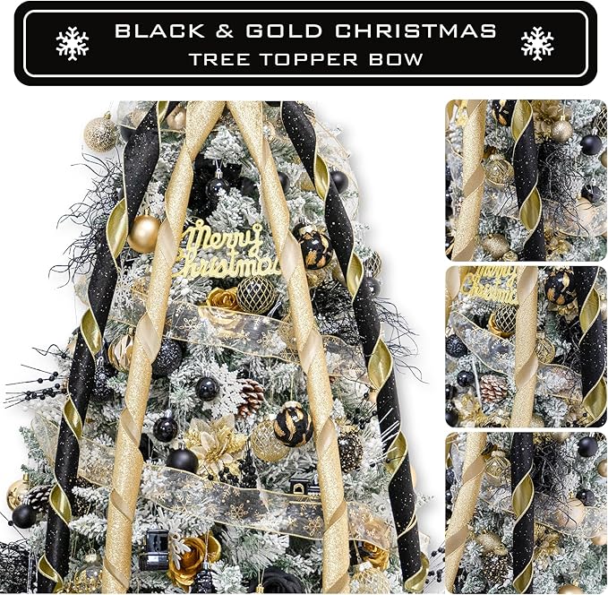 Christmas Tree Topper Bow, 53x13 Inches Large Christmas Bow with Glitter Streamer, Decorative Ribbon Bows for Xmas Tree Wreath Door Festival Home Decor(Black & Gold)