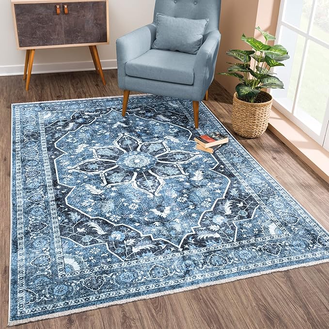 Bloom Rugs Caria Washable Non-Slip 4x6 Rug - Blue/Charcoal Traditional Area Rug for Living Room, Bedroom, Dining Room, and Kitchen - Exact Size: 4' x 6'