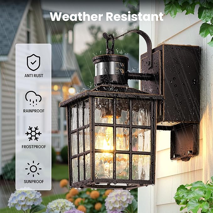 Gleamz Motion Sensor Exterior Garage Lighting Fixtures with GFCI Outlet, Farmhouse Oil Rubbed Bronze Gold Trim Outdoor Porch Lights Wall Mount, Waterproof Dusk to Dawn Outdoor Sconce Lights for House