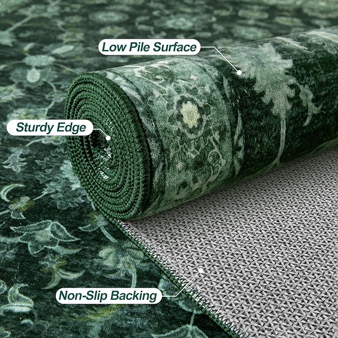 Tangsoo Washable Area Rug 3x5 Non Slip, Boho Distressed Vintage Green Floral Throw Rug for Bedroom Entryway, Soft Low Pile Floor Carpet Indoor Mat for Entrance Bedside Kitchen Nursery Office Farmhouse
