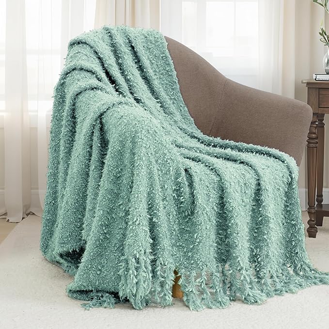 Knit Throw Blanket Fluffy Fuzzy Soft Lightweight Cozy Farmhouse Tassels Chunky Knitted Throws for Couch Sofa Bed (Sage Green, 50"x60")