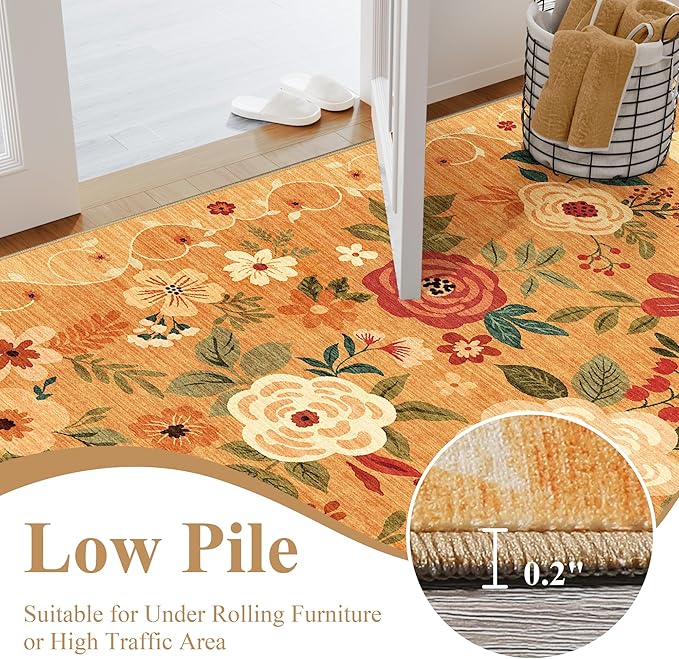 DUKINO 3x5 Area Rug, Floral Rugs for Living Room, Lightweight Non Slip Washable Rug, Indoor Low Pile & Non-Shedding Boho Design Rugs for Bedroom, Living Room, Dining Room, Orange