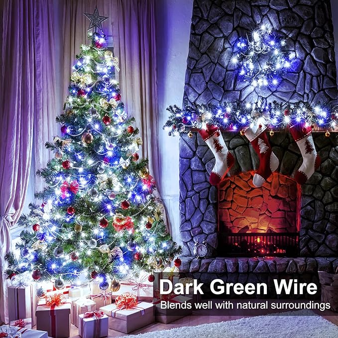 Blue and White Christmas Lights Outdoor, 100FT 300 LED Christmas Tree Lights with 8 Modes Waterproof, Connectable Green Wire String Twinkle Lights for Indoor Patio Garden Xmas Party Decorations