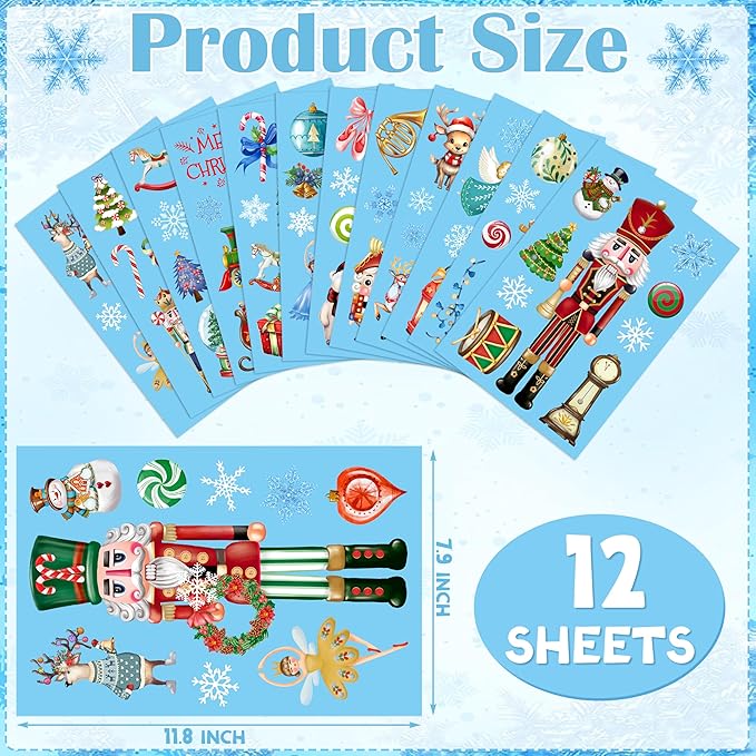 BORAMDO Christmas Nutcracker Window Clings - 12 Sheets of Removable Decals, Stickers for Glass Windows, Xmas Holiday Home Office Decor, 12 Styles