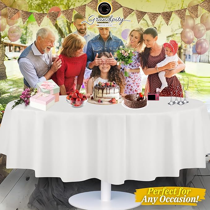 Grandipity Brand Round White Plastic 84" Disposable Tablecloth (12 Pack), Party & Event Decorative Cover