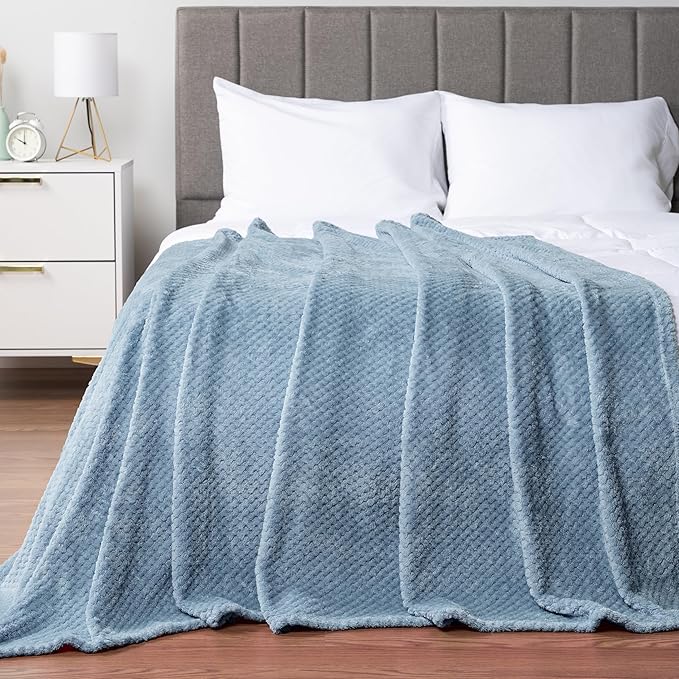 PAVILIA Dusty Blue Throw Blanket for Couch, Twin Bed, Soft Fleece Throws for Sofa Chair, Fuzzy Waffle Textured Blanket, Cozy Warm Lightweight All Season Blanket Throw, 60x80
