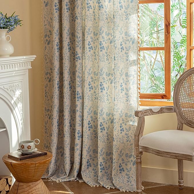 OYX French Beige and Blue Floral Curtains 96 Inch Long 2 Panels for Living Room, Navy Flower Patterned Light Filtering Farmhouse Drapes for Bedroom, Vintage Rustic Country Rod Pocket WindowTreatments