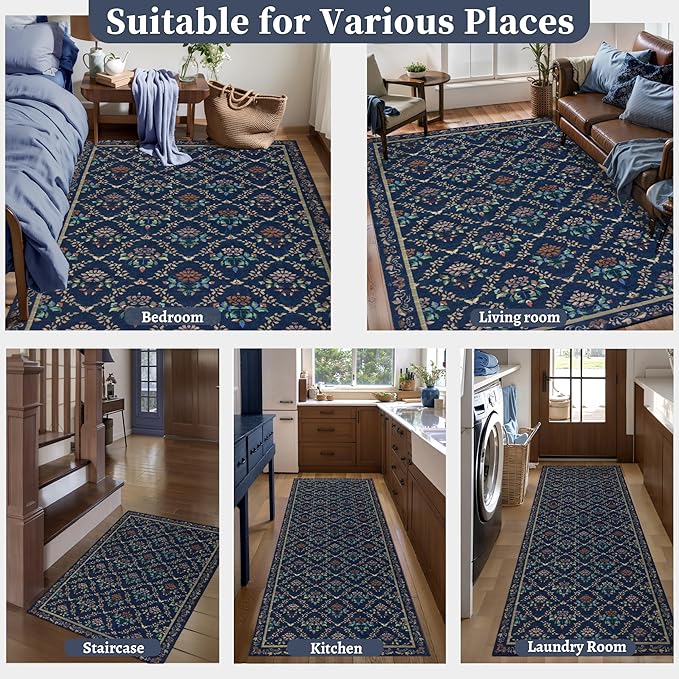 Tangsoo 2x6 Washable Runner Rug for Hallways, Non Slip Moroccan Trellis Blue Floral Carpet Runner, Soft Low Pile Floor Carpet Runner for Kitchen, Laundry, Bedroom, Bathroom, Living Room Home Decor