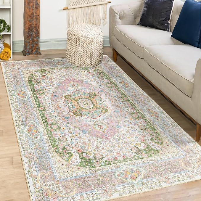 Pink Rug 3x5,Washable Area Rugs for Bedroom Living Room Kitchen Entryway,Small Boho Vintage Bohemian Distressed Non Slip Carpet,Blush Green