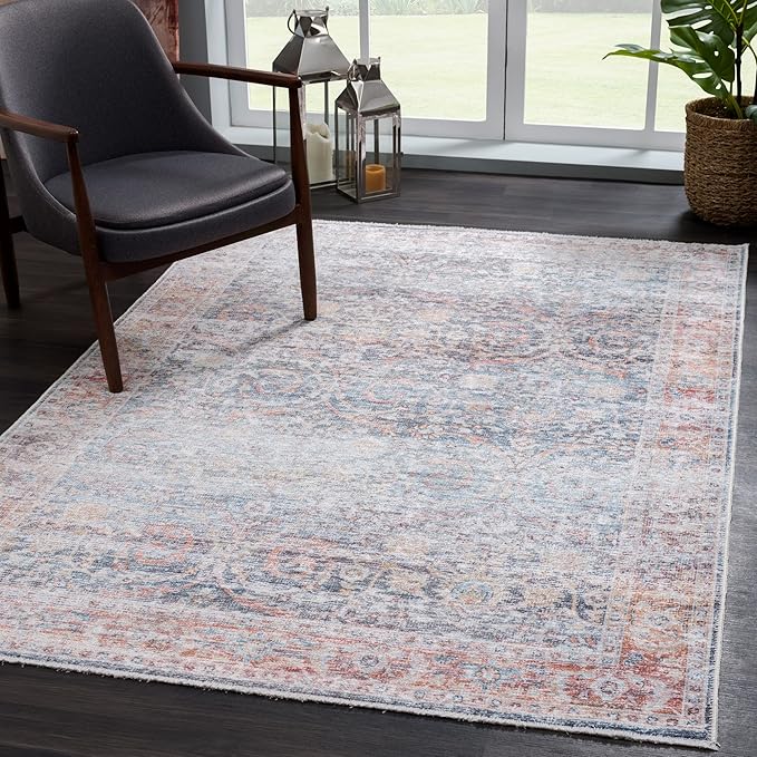Bloom Rugs Caria Washable Non-Slip 4x6 Rug - Ocean Blue/Brick Traditional Area Rug for Living Room, Bedroom, Dining Room, and Kitchen - Exact Size: 4' x 6'