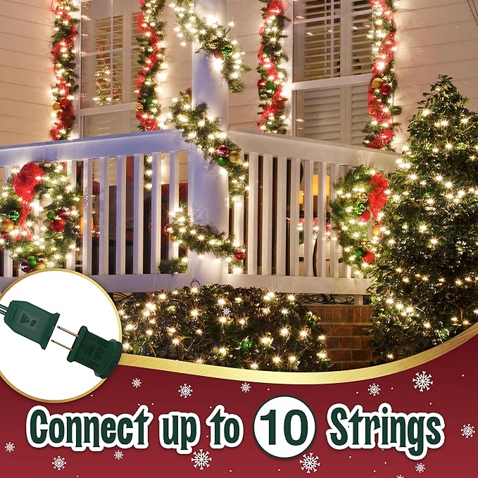 Clear Warm White Christmas Lights - 9 ft String of 50 Incandescent Mini Bulbs Multifunctional Lighting Modes, for Decorative, Bedroom, Outdoor, Xmas Twinkle Tree Lights with Green Wire Total 10.4 ft