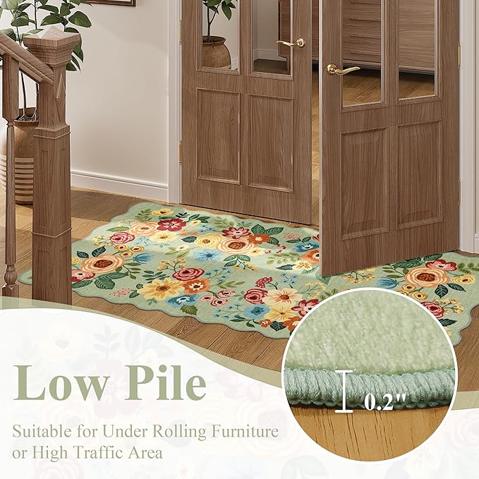 DUKINO 2x5 Washable Runner Rugs, Non Slip Floral Print Entryway Rug with Soft Low Pile, Lightweight Mat for Living Room, Bathroom, Bedroom, Kitchen, Green