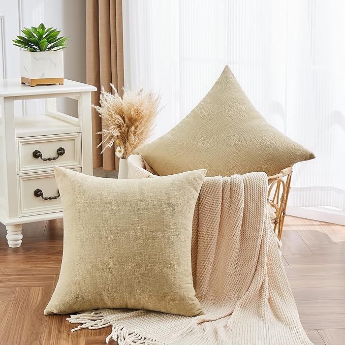 GAWAMAY Decorative Square Throw Pillow Covers 20x20 Inch Set of 2, Super Soft Chenille Pillows Farmhouse Fall Pillowcase for Living Room Bedroom Sofa Couch Cushion Cover Khaki 50x50cm (No Insert)